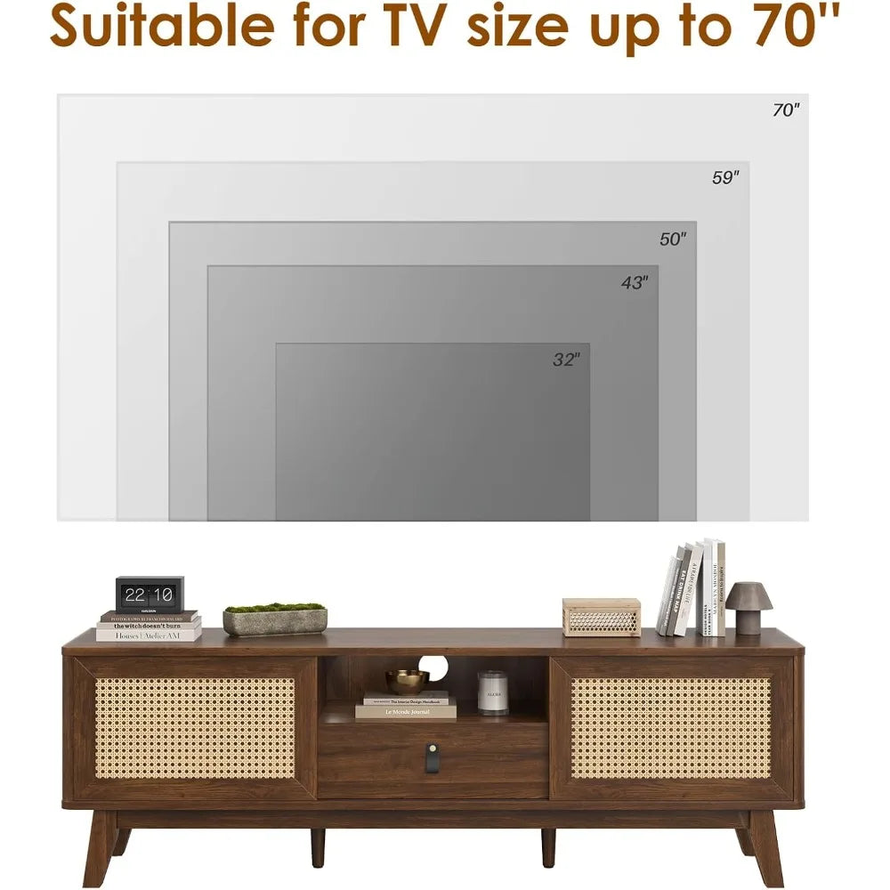 Rattan tv stand for tvs wood mid century modern media console with drawer and 2 cabinets boho
