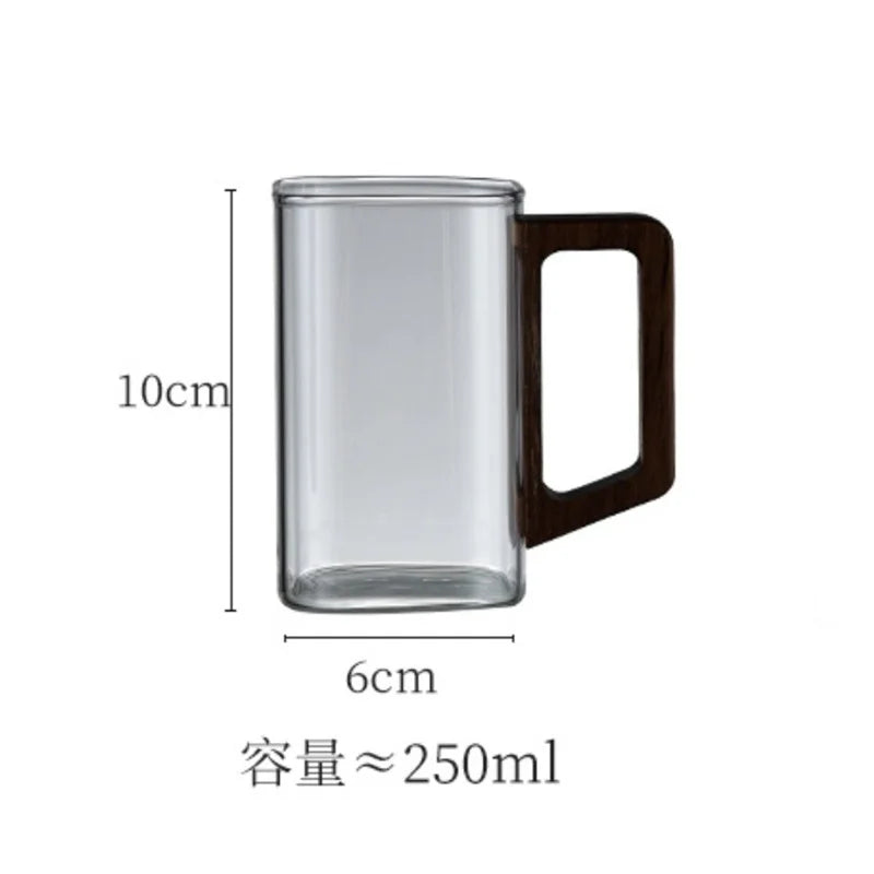 250ml square high borosilicate glass coffee mug with wooden handle heat-resistant tea breakfast milk caffe americano