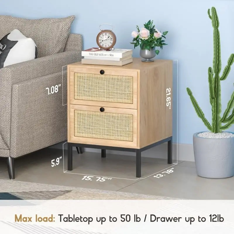 Natural rattan nightstand set of 2 boho night stand with drawers bedside table accent cane end side for bedroom l