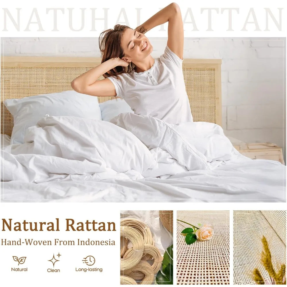 Brafab natural rattan queen bed frame with wooden headboard and 4 storage drawers boho cane metal platform strong