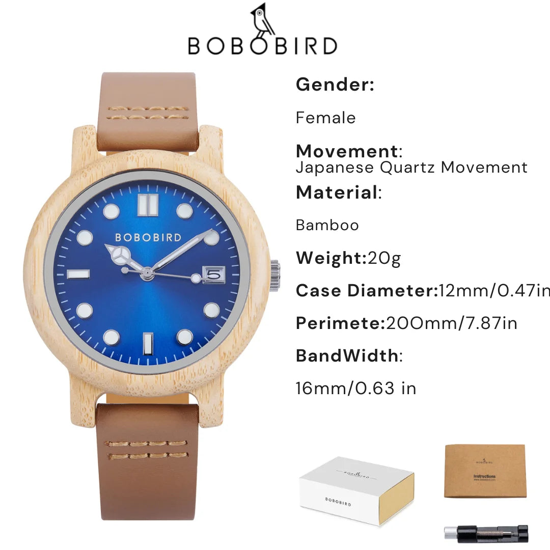 Bobo bird bamboo ladies wristwatch for women with genuine leather strap natural lightweight elegant fashion gift watch