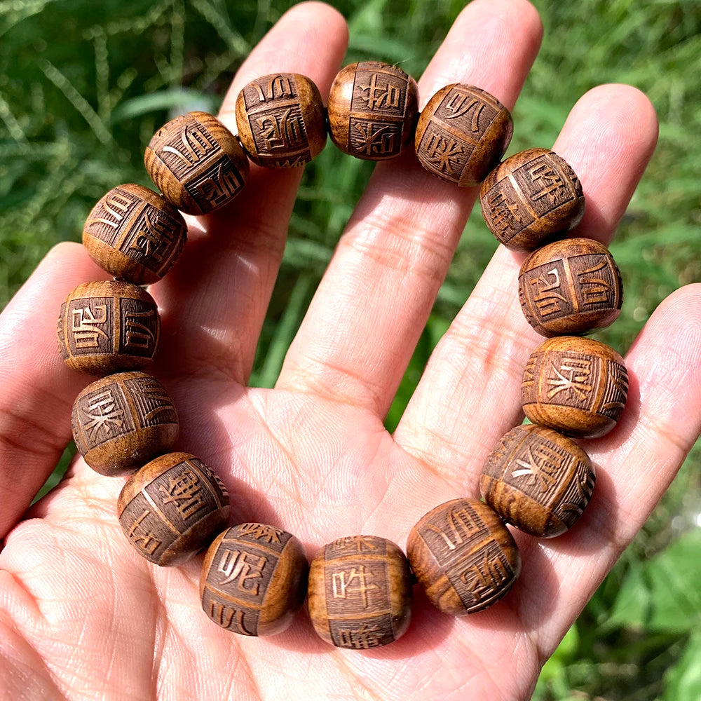 Carved buddha beads six paths wood wooden bracelet reciting hand chain cus made real mantra jewelry - engraved [om mani