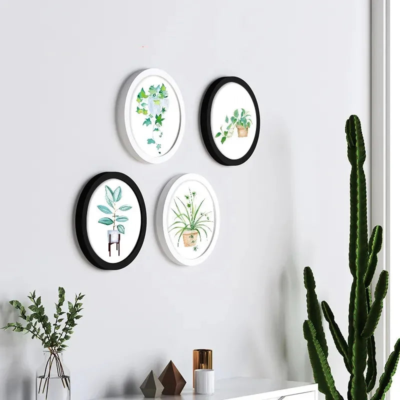 Classic wood round photo frame simple nordic style picture frames hanging solid color background wall decoration