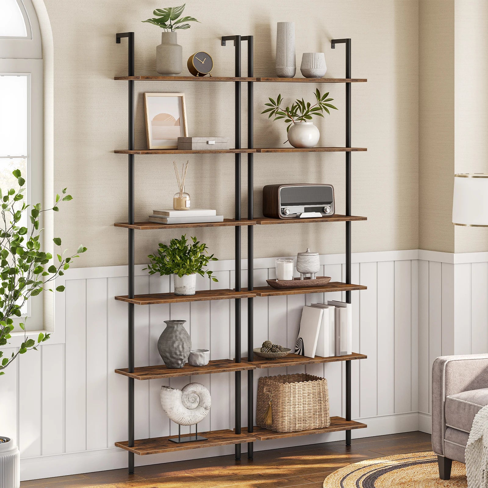 Diy ladder shelf 6-tier wall mounted bookshelf office vertical bookcase wooden storage shelves for home - rustic brown