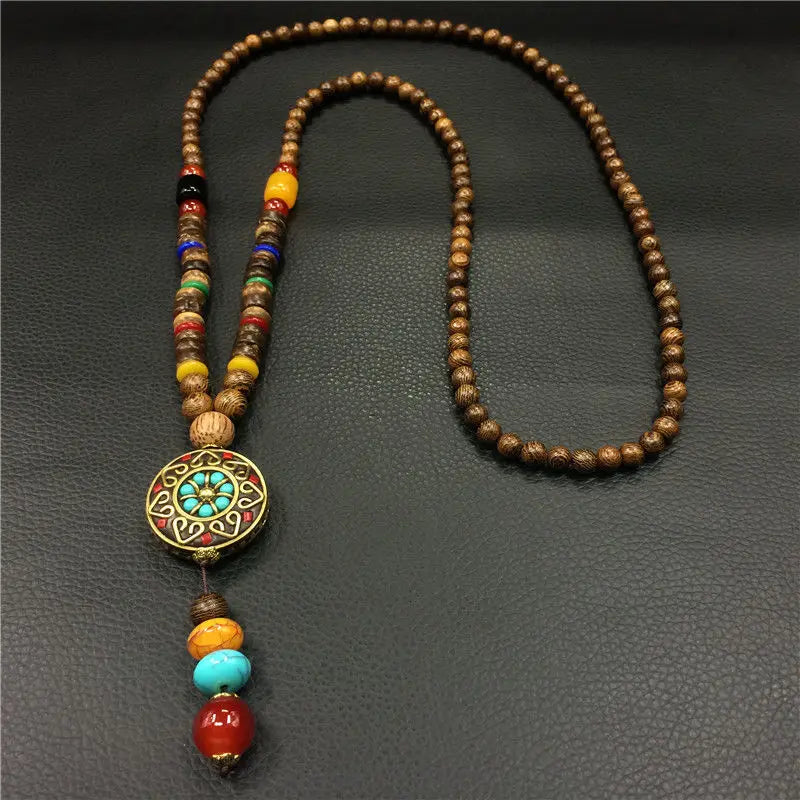 Chinese style minimalist wooden necklace long buddha bead sweater chain versatile personalized pendant men’s