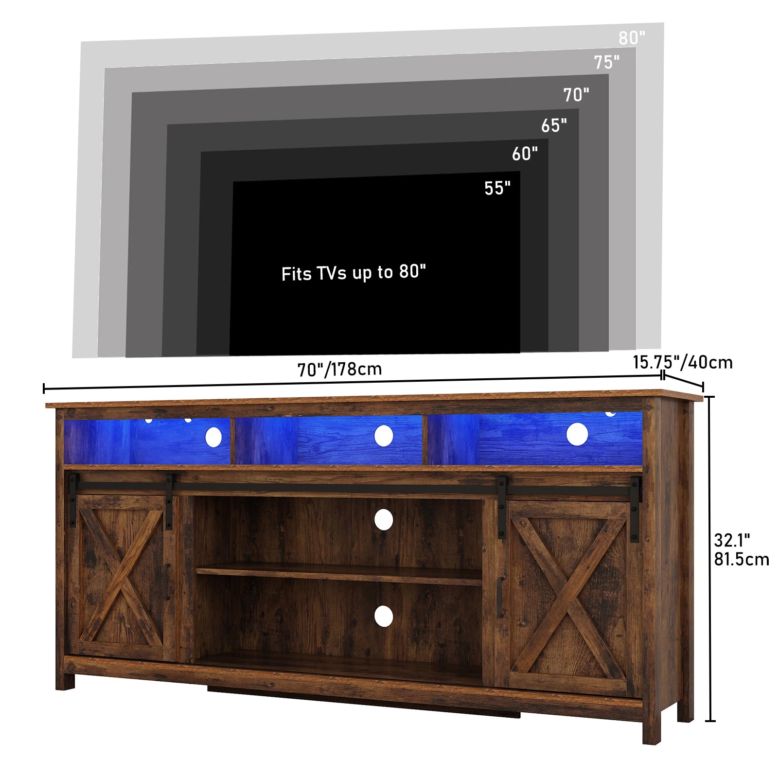 Tv stand farmhouse coffee bar cabinet rustic sliding barn door storage with power outlet & led light 57’’ wooden cabi