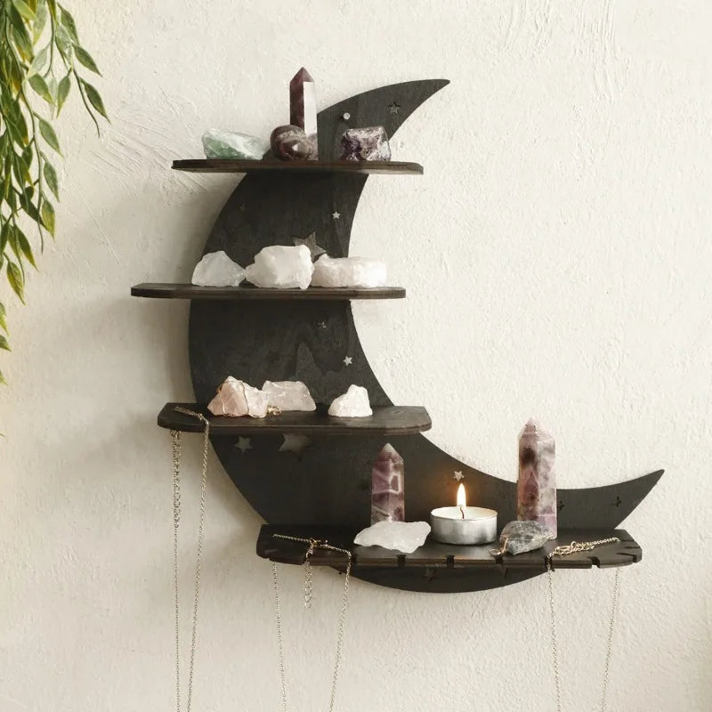 Wooden moon staircase crystal candle holder wall decor - home decoration art craft wall-mounted shelf for living room