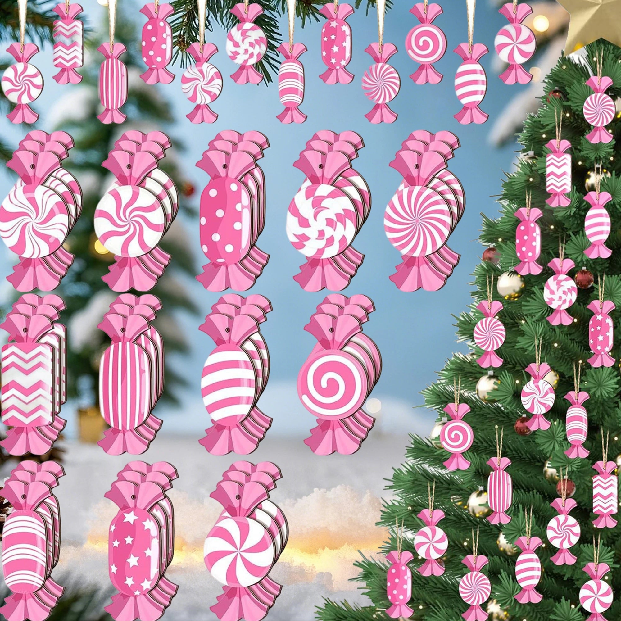 Adorable set of pink candy wooden christmas tree ornaments with hanging charms for festive home decor - 36pcs / united