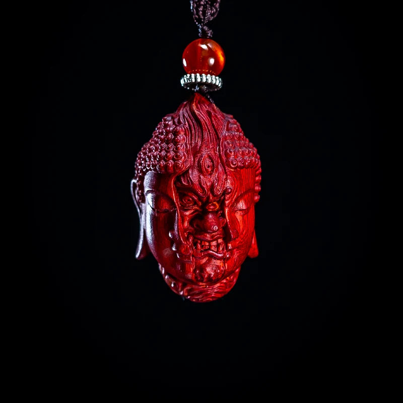 Hand carved wooden buddha demon head duality pendant charm keychain spiritual art figurine ornament car bag hanging