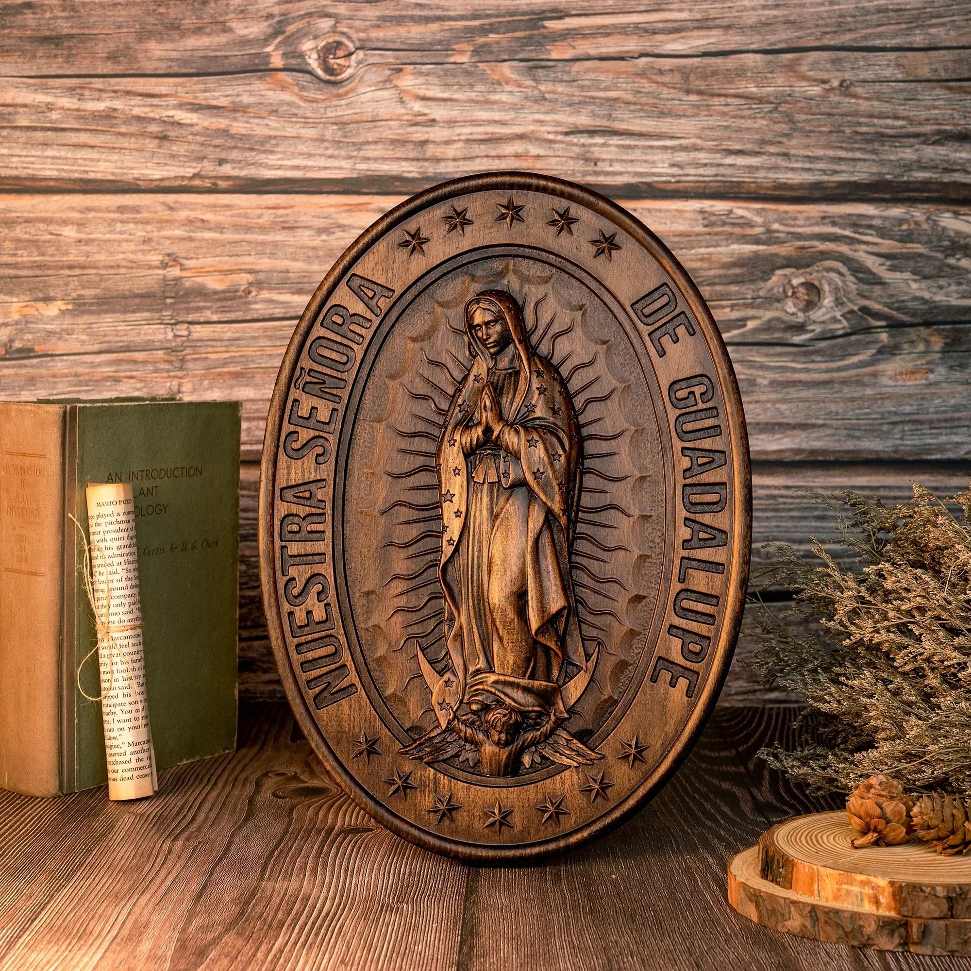 Vintage religious virgin mary of guadalupe statue oval wood carving ornament catholic decor - retro / 35x25x2.5cm