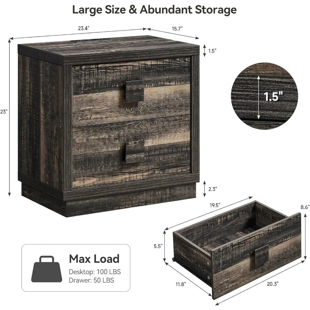 23.4’’ modern 2-drawer nightstand with charging station for bedroom wooden bedside table - united states / dark rustic