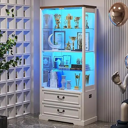 Display cabinet with glass doors,67’’ adjustable shelf 2 drawers and 4 tier curio cabinet,tall bookcase 3 color