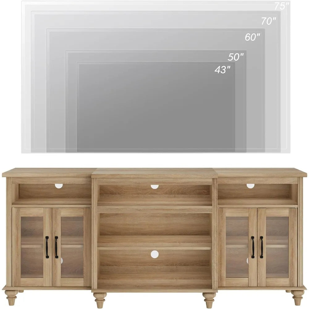 Farmhouse tv stand for tvs up to 75 inch 4-door glass and wood universal console with 9 storage cabinets oak enterta