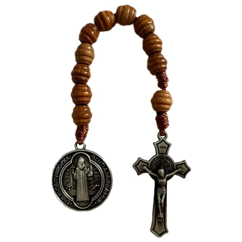 Saint benedict medal prayer pocket rosary catholic brown wood beads with medalla de san benitol and crucifix 9