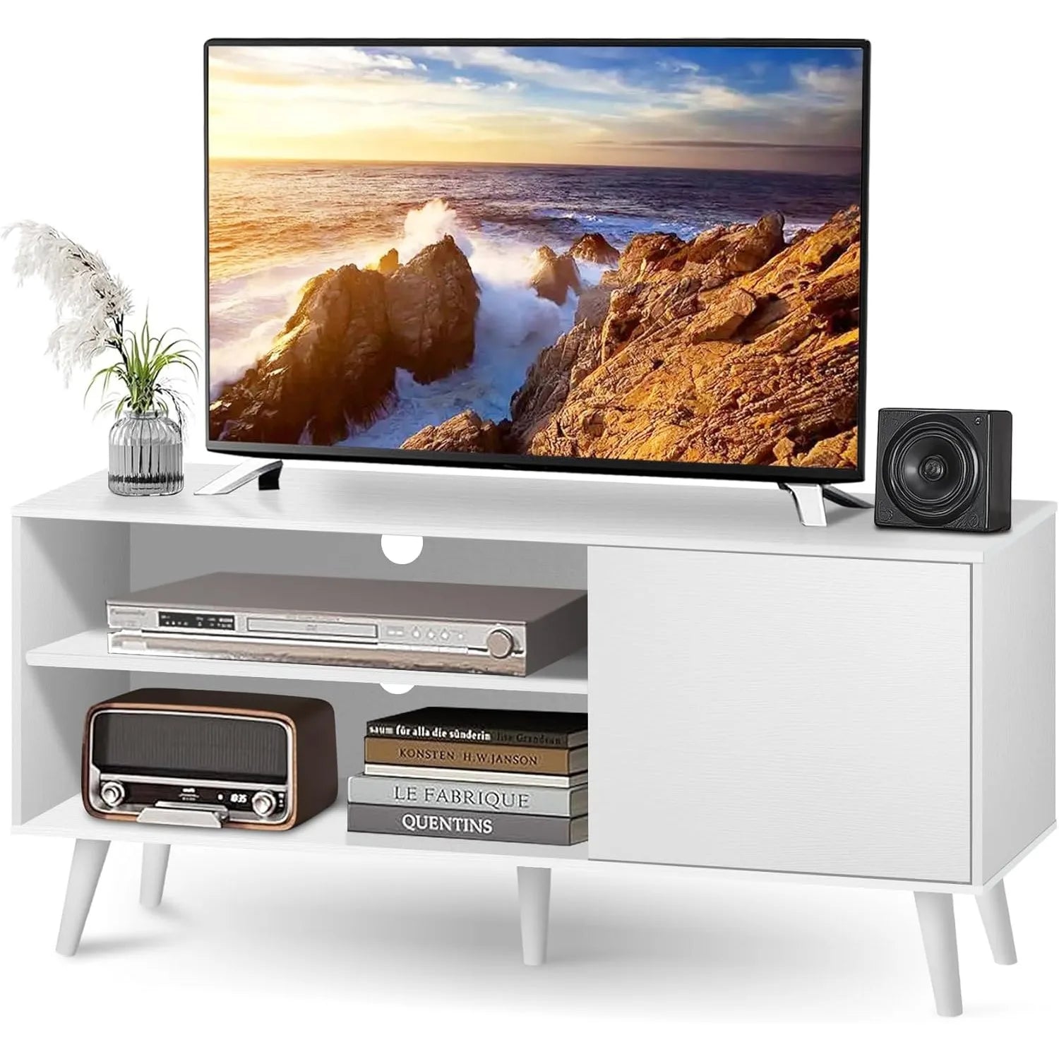 White wood television stand 1 cabinet modern entertainment center with storage for bedroom