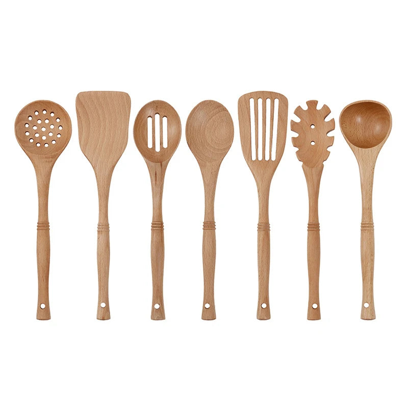 7pcs wood kitchen utensils set with bamboo joint design nature wooden spaghetti spoons wok spatula for cooking