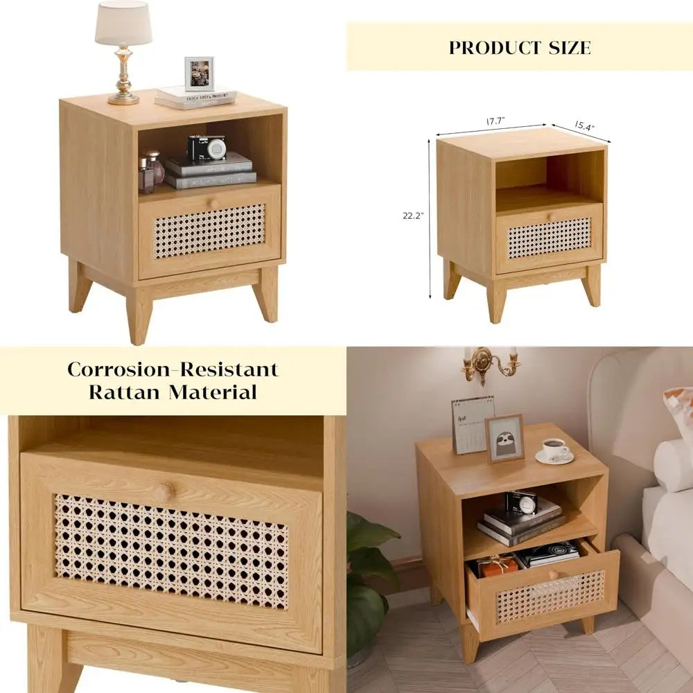 Boho-style farmhouse nightstand with drawers for bedroom use - natur / united states