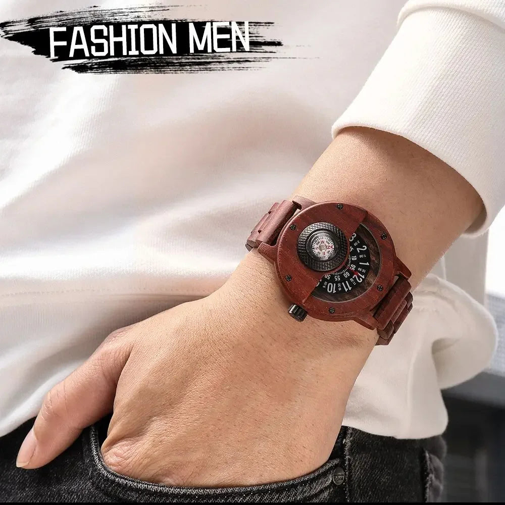Multifunction wooden wristwatch for men quartz wrist watches creative compass man clock black walnut red wood band case