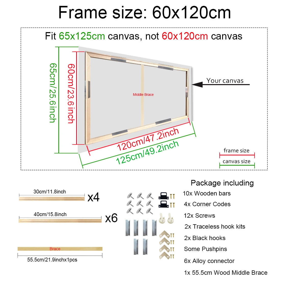 40x60 50x70 60x90 60x120 diy wood frame kit for canvas oil painting bars diamond wall art - 60x120cm