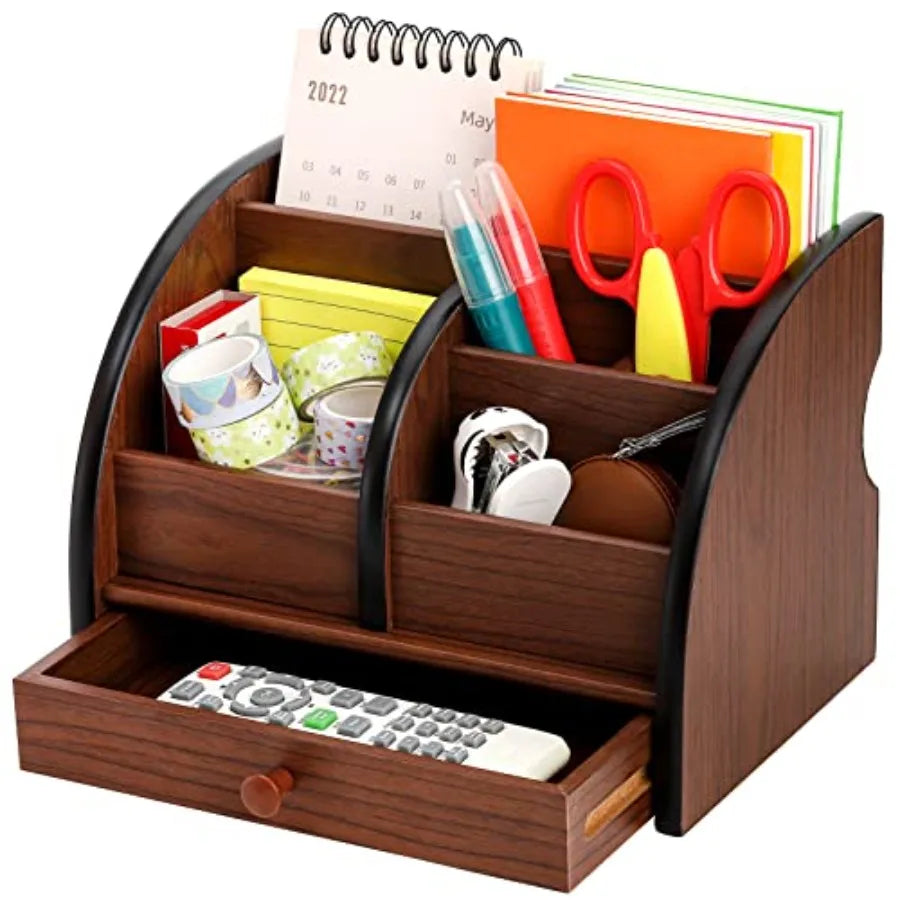 Wooden desk organizer with drawer remote control holder caddy makeup organize wood peil desktop supplies and stationery