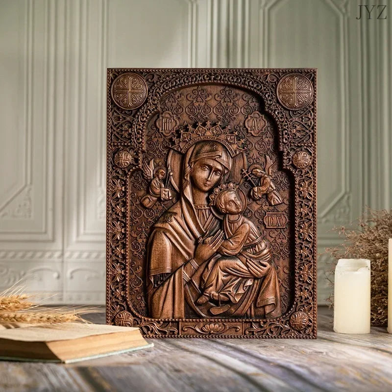 Vintage wood carved catholic religious art our lady statue of perpetual help wall home living decor - (christian)