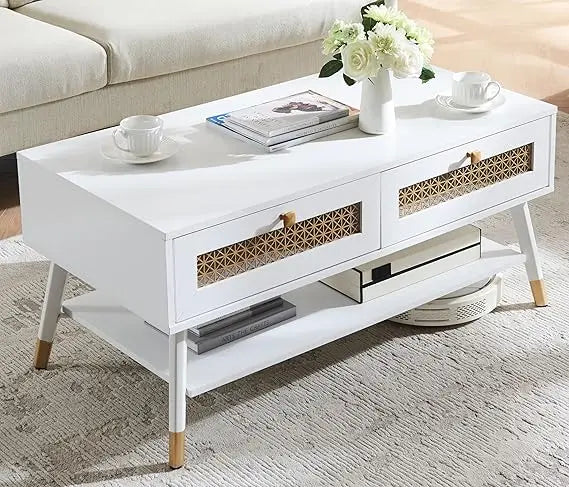 Wooden mid century modern coffee table retangle accent center with two drawers tables for living room white - 2 tier
