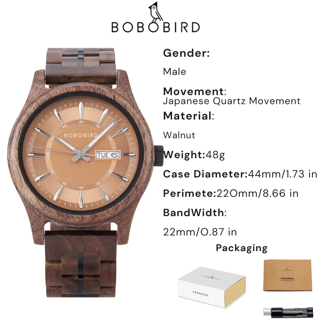 Bobo bird men’s wooden watch with blue dial – natural handmade wood wristwatch date display anniversary gift in box