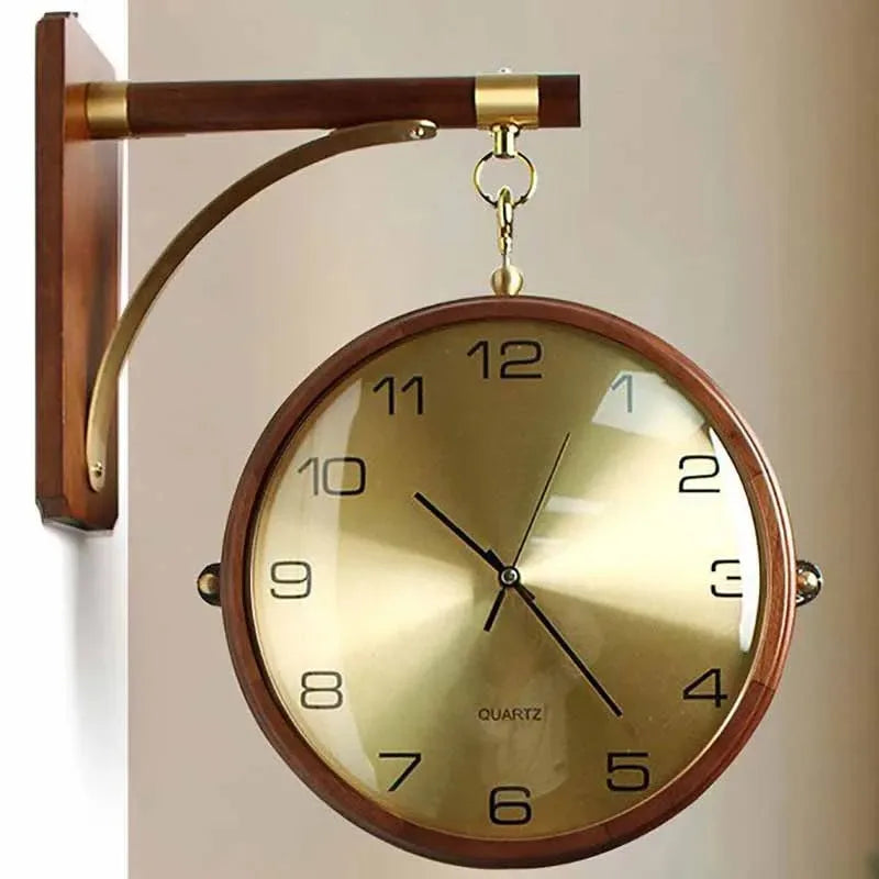 Luxury wood double sided wall clocks movement silence 360° rotatable clock aesthetic living room decoration accessories