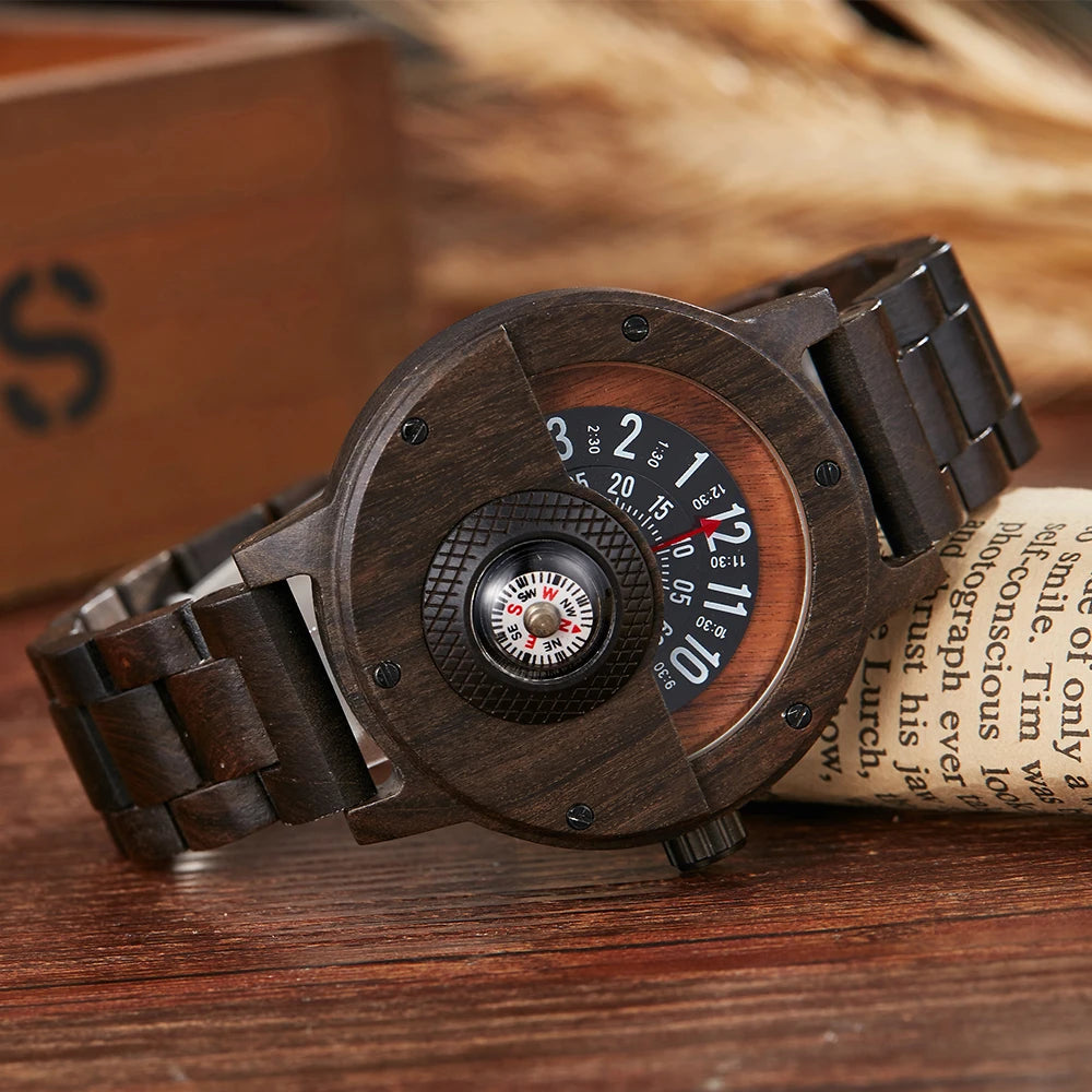 Natural wood watch men’s rotary table compass dial real walnut ebony bamboo brown concept quartz
