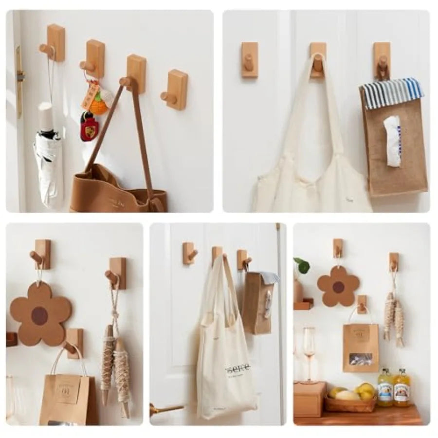 Beech wood coat rack 4 pack hooks mounted rustic wooden wall entryway for clothes hats towel purse robes bathro