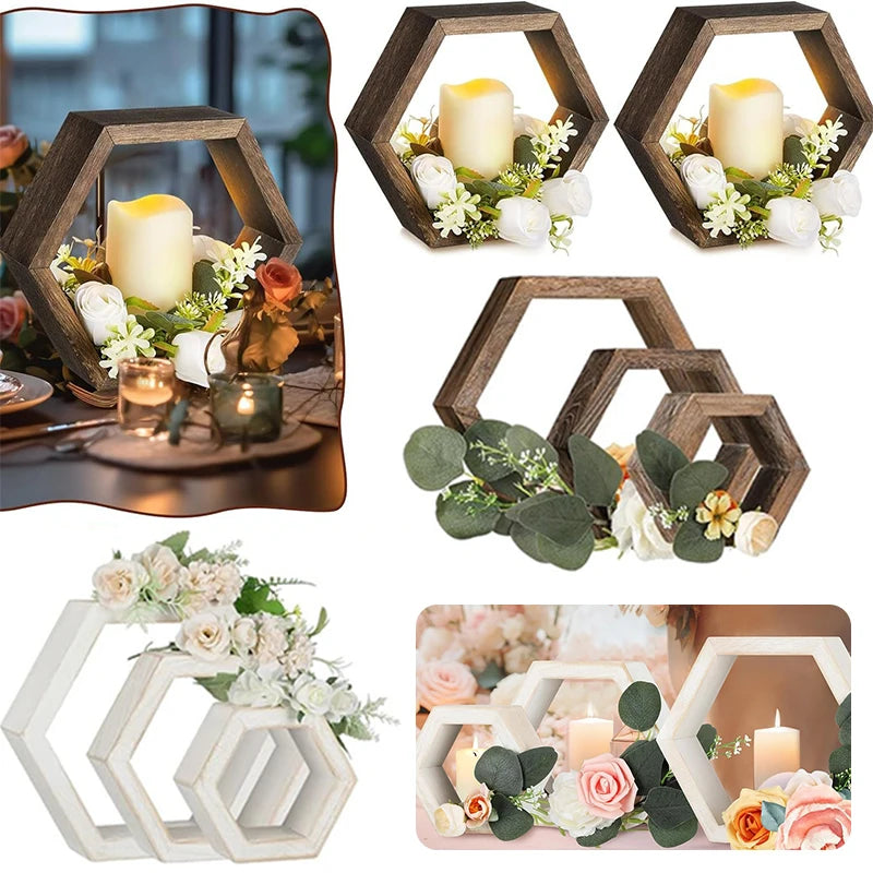 Wooden hexagon frame candle holder wedding table centerpieces countryside style handmade garland candlestick tung wood
