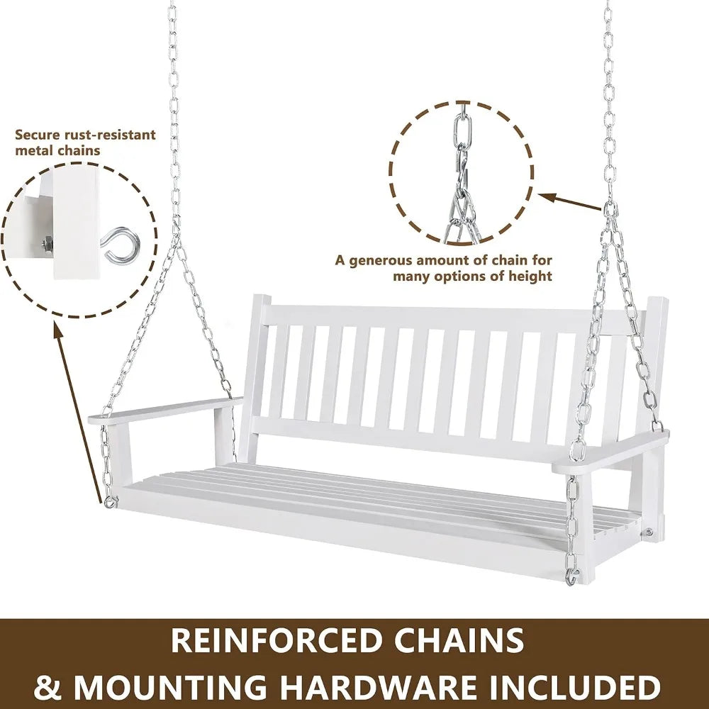 Outdoor patio hanging wooden porch swing 5ft with chains 3-person heavy duty bench for garden and backyard white