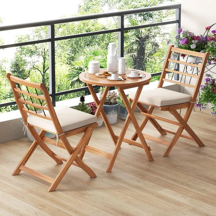 3 pieces acacia wood patio bistro set folding outdoor table and chairs with cushions furniture for porch - united states