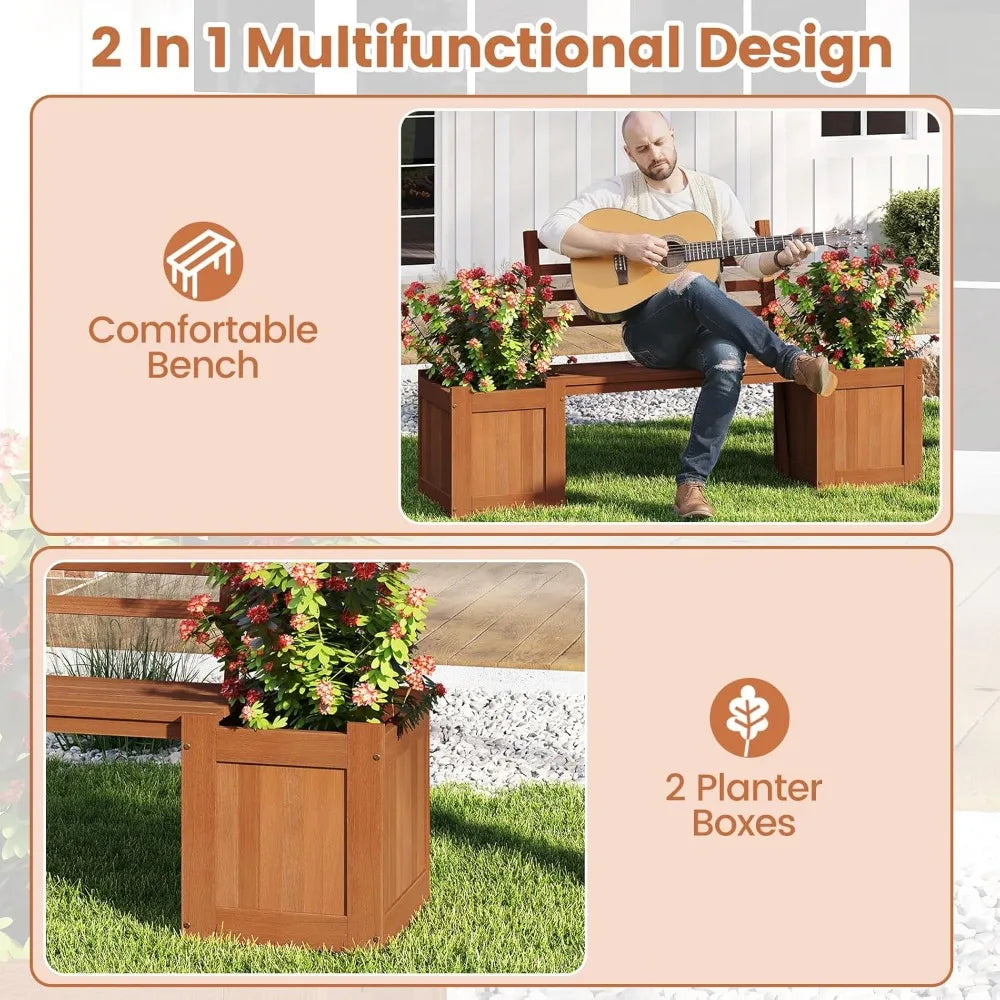 2-in-1 outdoor bench with backrest & 2 raised garden beds wood teak oil finish planter boxes open-ended base - united