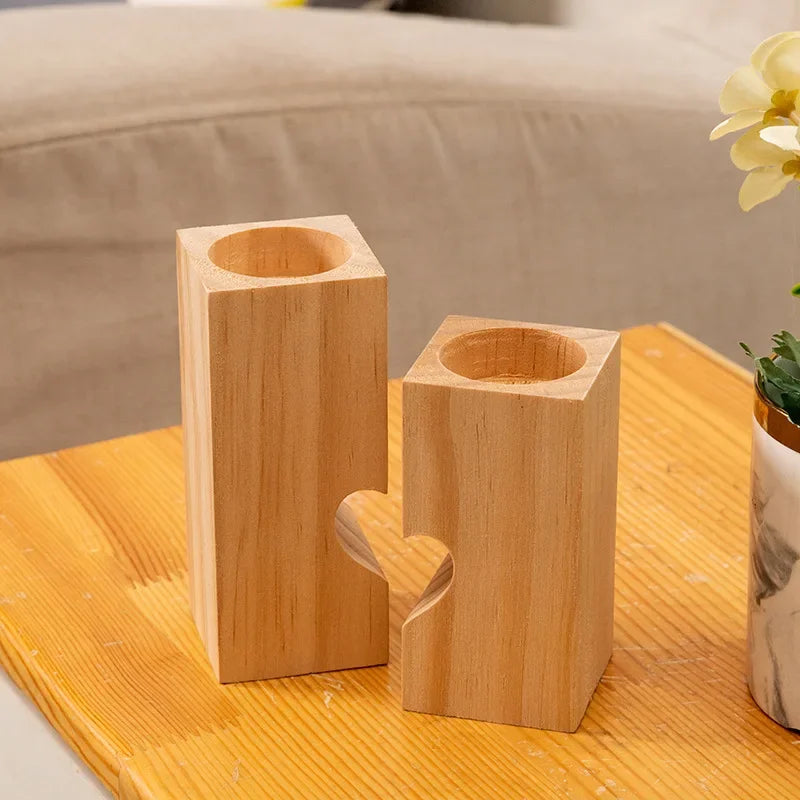 Tealight candle holder wood holders for table set of 2 combined heart stands home decor romantic decoration