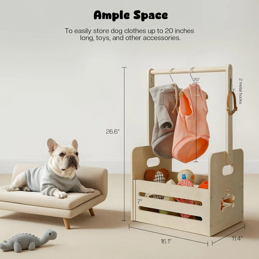 35l wooden dog storage organizer toy bin with hanging rods 27’’x16’’x11’’ pet wardrobe closet 2 metal hooks clothes