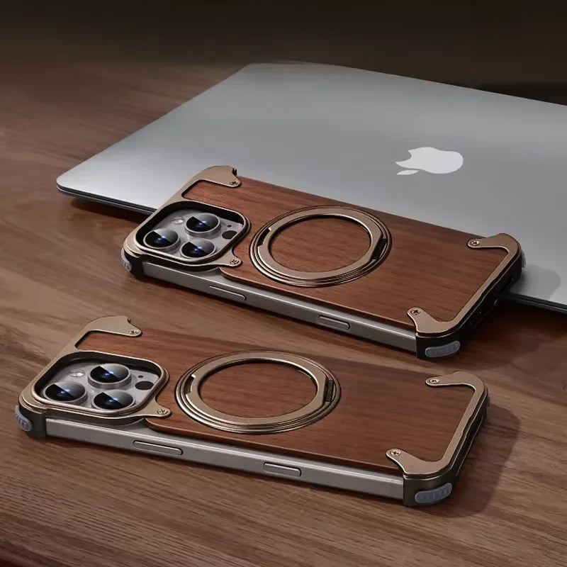 Eary solid wood phone case for iphone 17 16 15 14 pro max with magsafe 360 rotatable stand shockproof protective cover