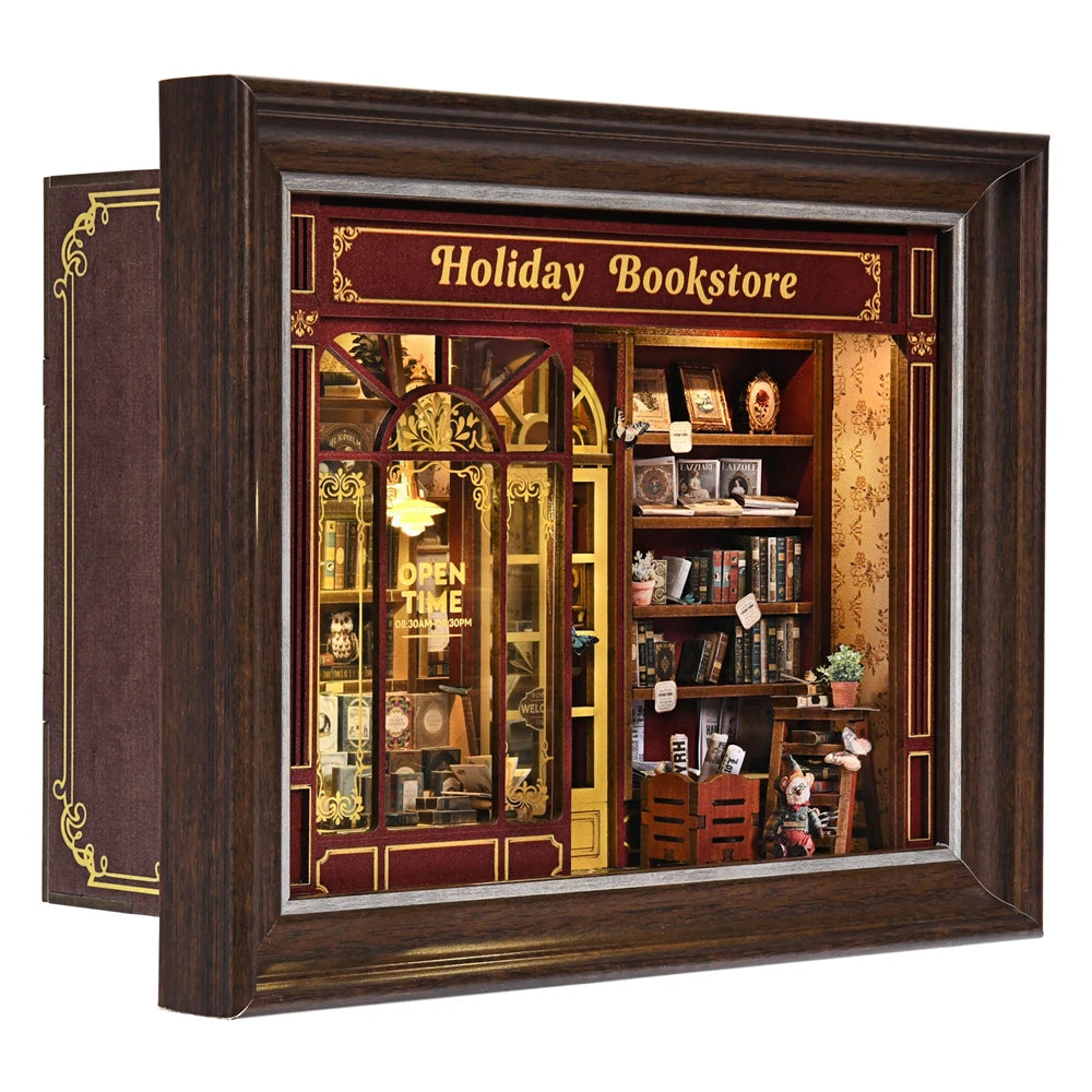 Book nook kit holiday bookstore diy 3d wooden puzzle dollhouse photo frame ornament model bookend building home