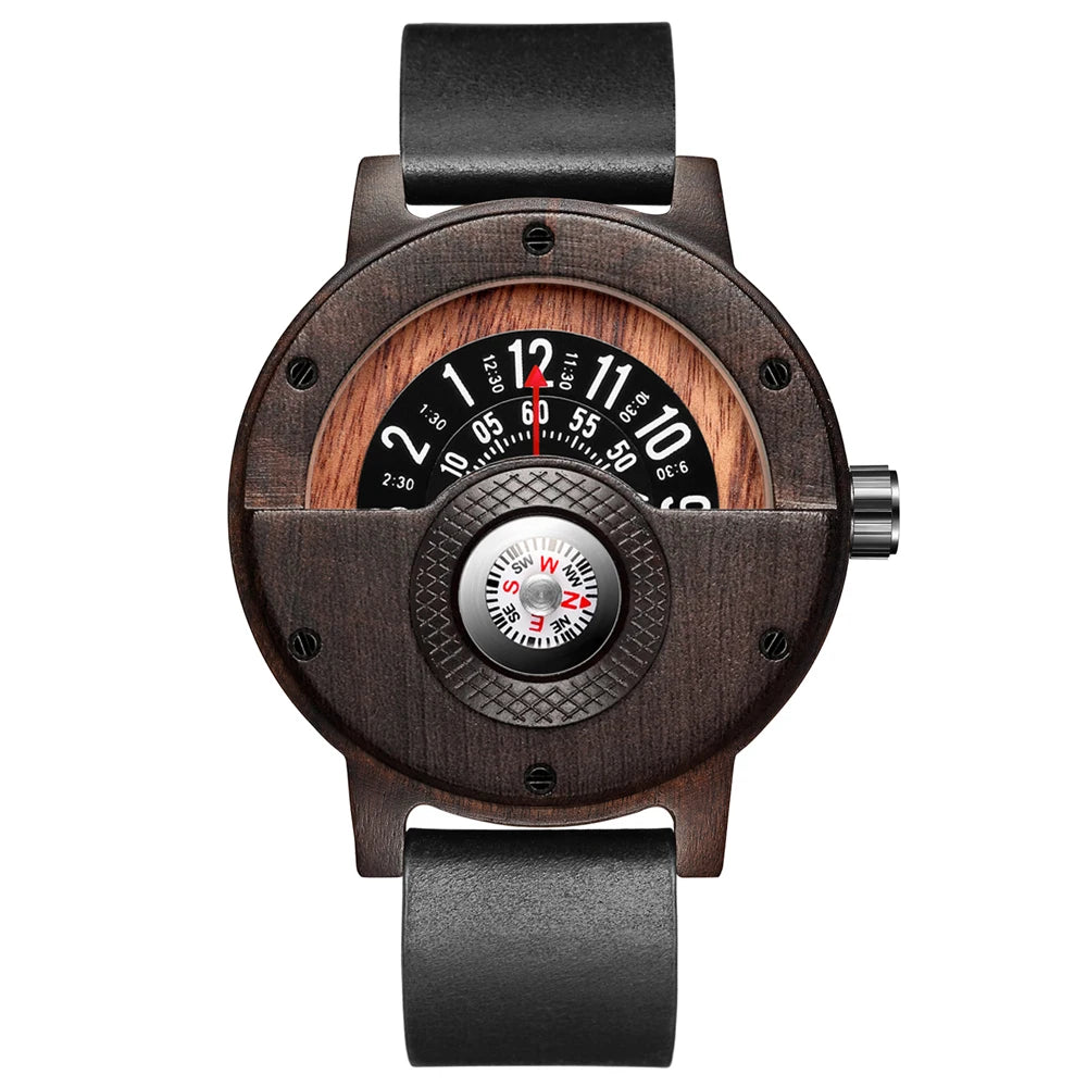 Natural wood watch men’s rotary table compass dial real walnut ebony bamboo brown concept quartz - w209-1