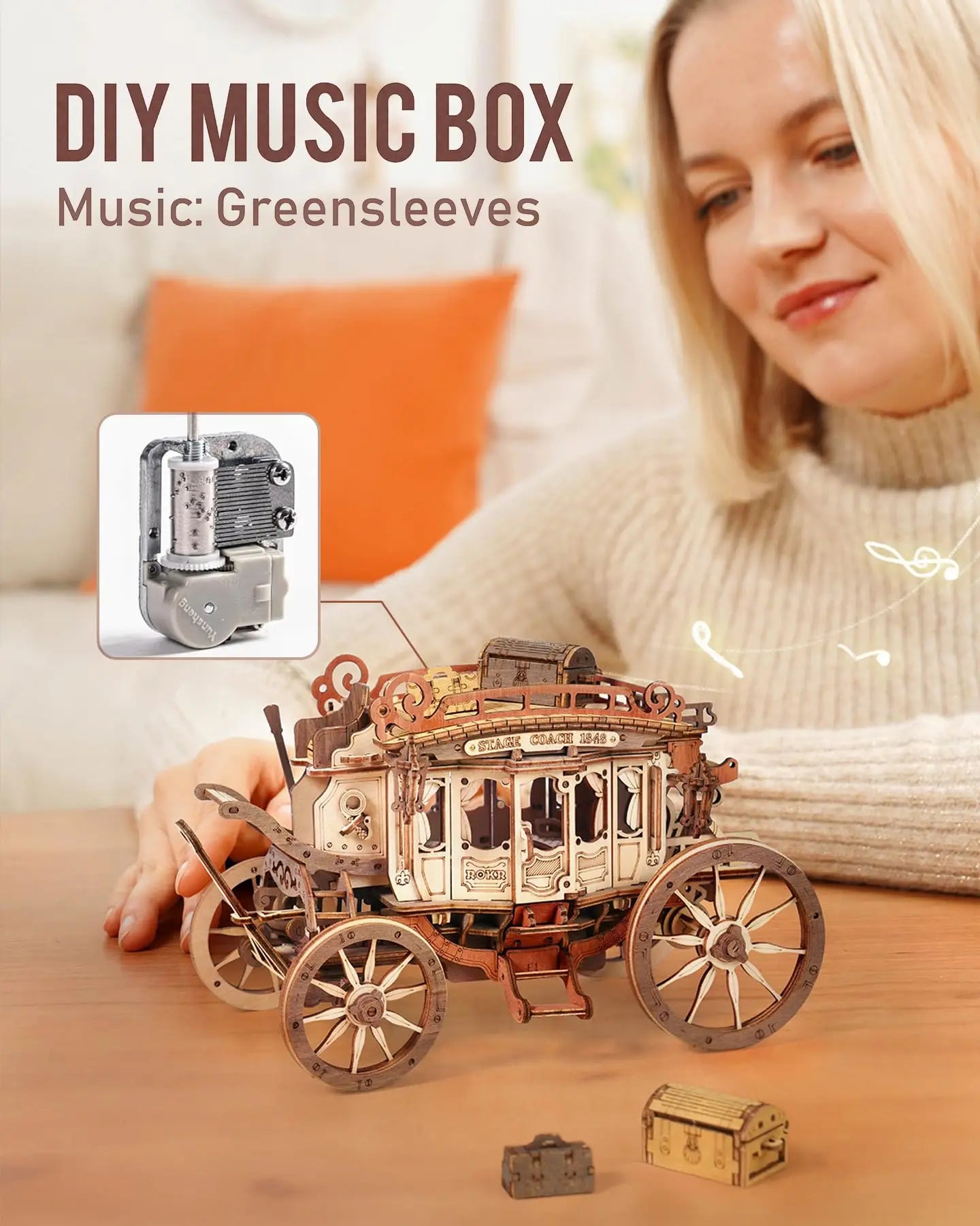 Robotime rokr stagecoach music box 3d wooden puzzle for adults birthday anniversary day gift hobby stem kits model easy