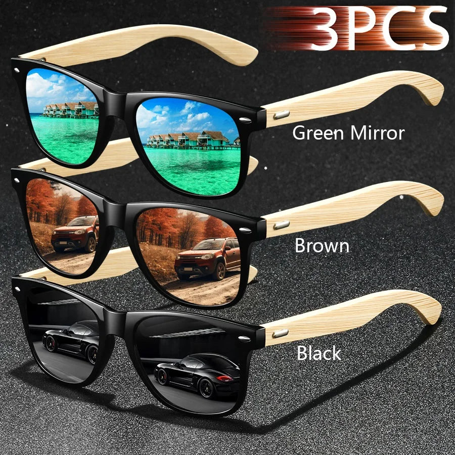 3pcs fashion vintage bamboo wood square sunglasses men women fishing driving man luxury brand designer sun glasses