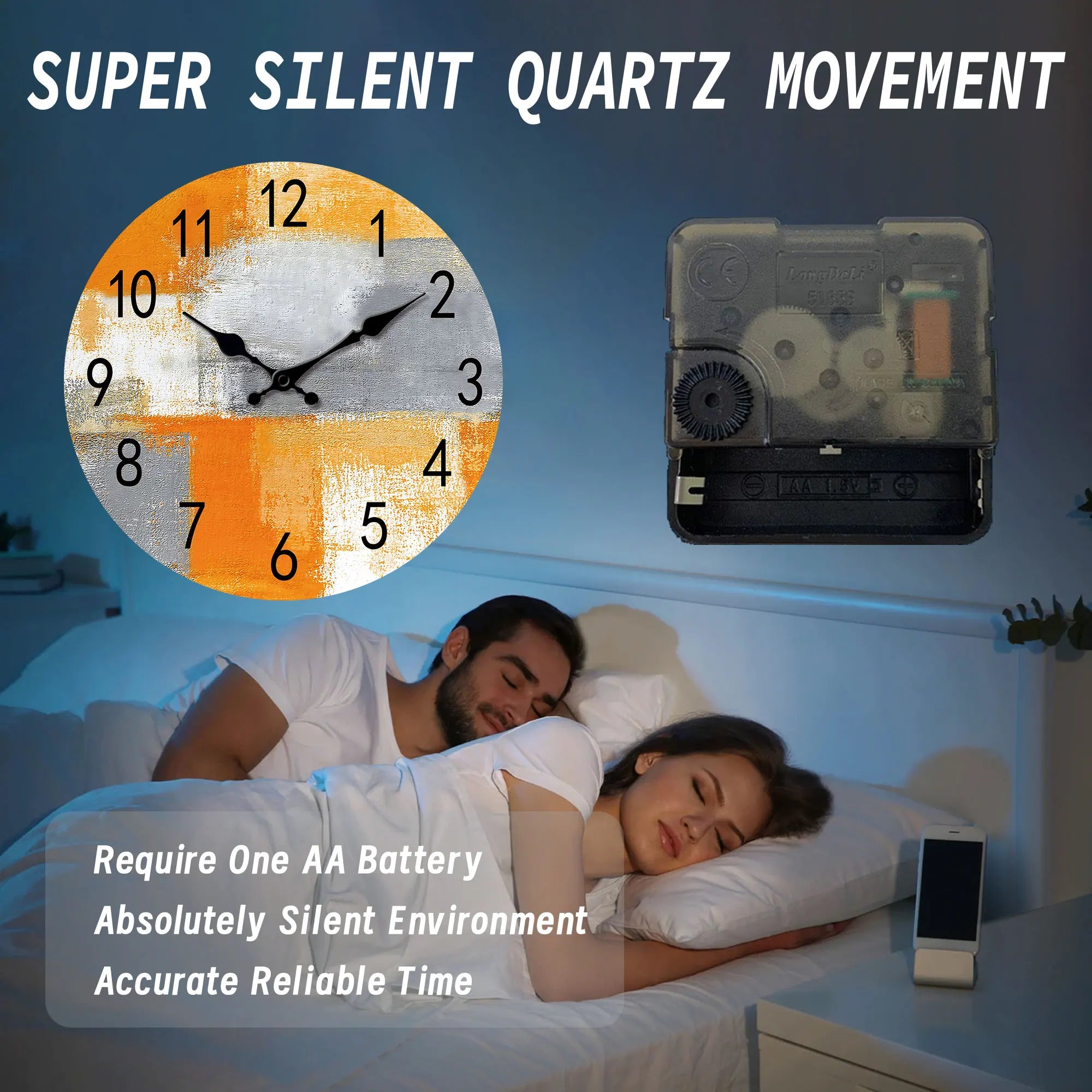 Abstract orange gray oil painting wall clock silent non-ticking wooden suitable for living room bedroom dec