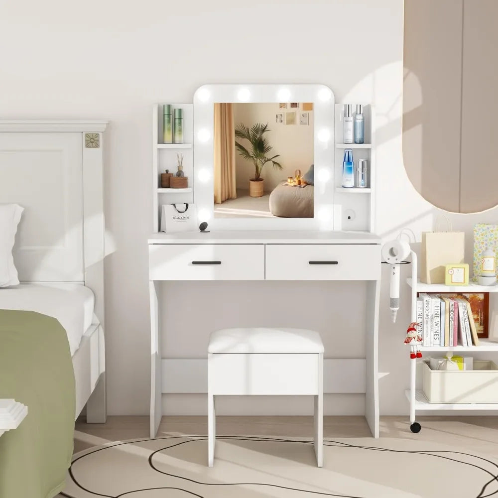 Vanity desk set with mirror led lights and power outlet makeup table 2 large drawers round holder dressing