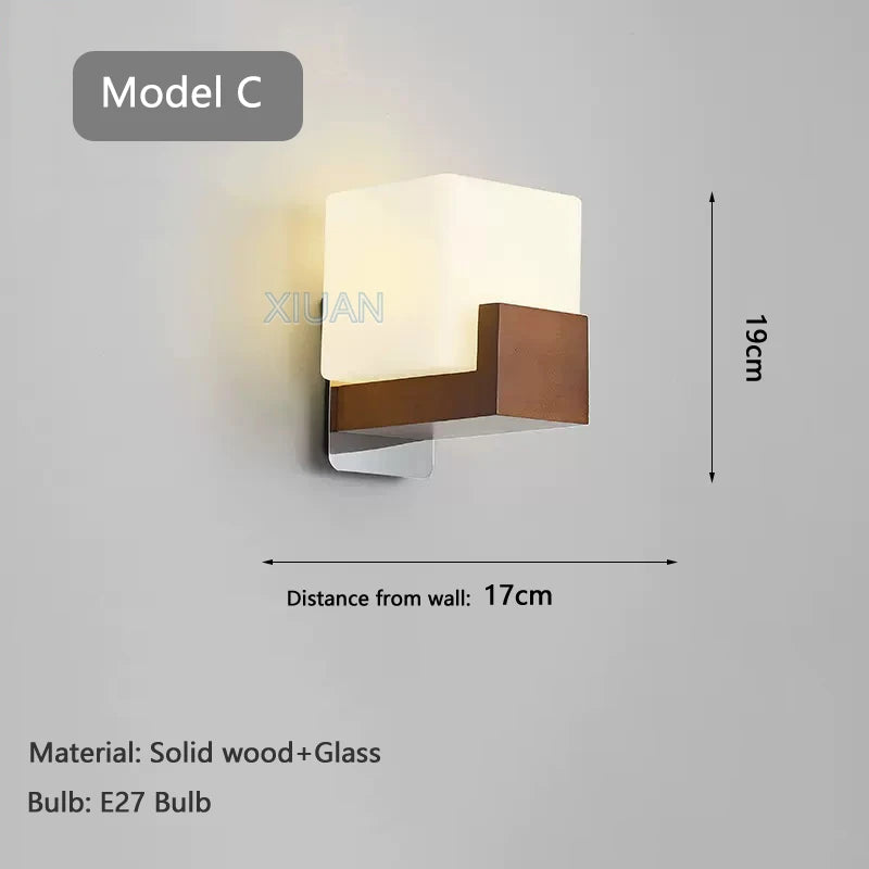 Walnut color wood wall lamp led e27 bulb bedroom bedside light for living room study stair corridor entrance indoor