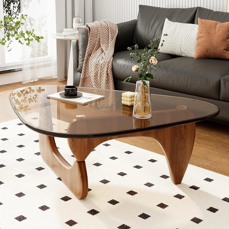 Coffee table for living room mid century modern center with glass top and oak wood brown walnut - united states