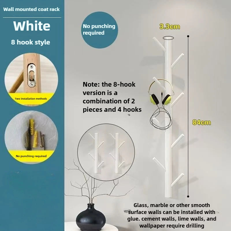 Branch twig solid wood wall mounted coat rack hanging hanger cabinet furniture bedroom clothes hats bag storage - white