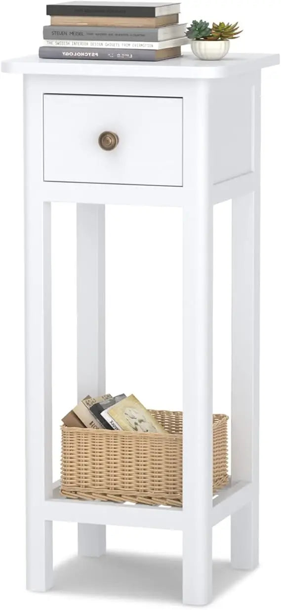 ’slim drawer and shelf side table acacia wood nightstand living room end two-level bedside stand for compact spaces’