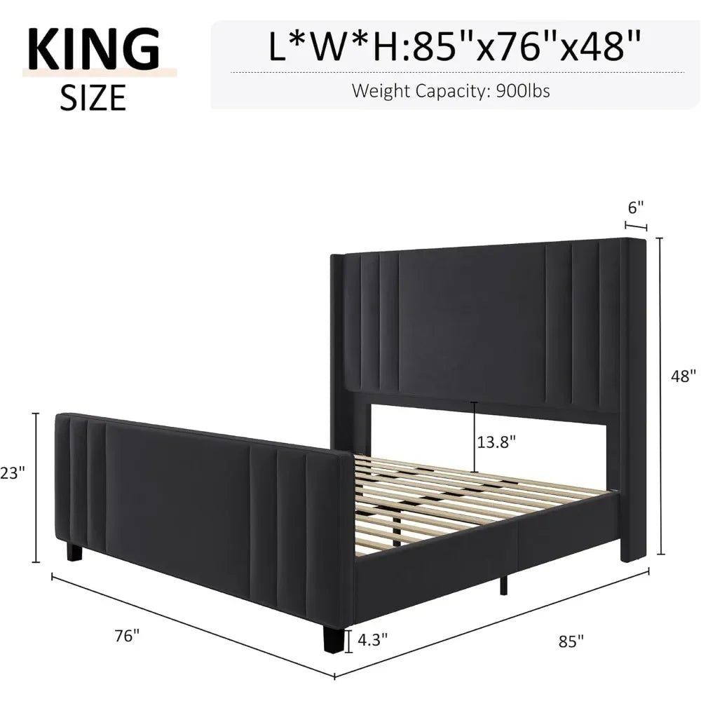 King size bed frame velvet upholstered platform with vertical channel tufted headboard & footboard/wingback