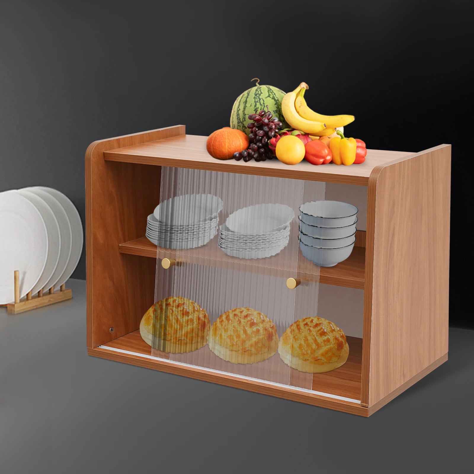 2-tier countertop storage cabinet bread box for kitchen counter pantry sideboard with sliding doors dishes bowls