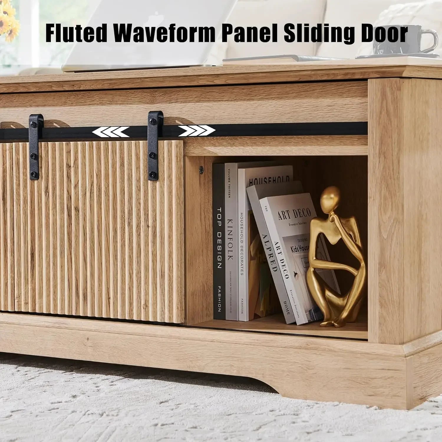 46’’ fluted lift top coffee table with sliding door modern center w/adjustable storage shelf & hidden compartment,